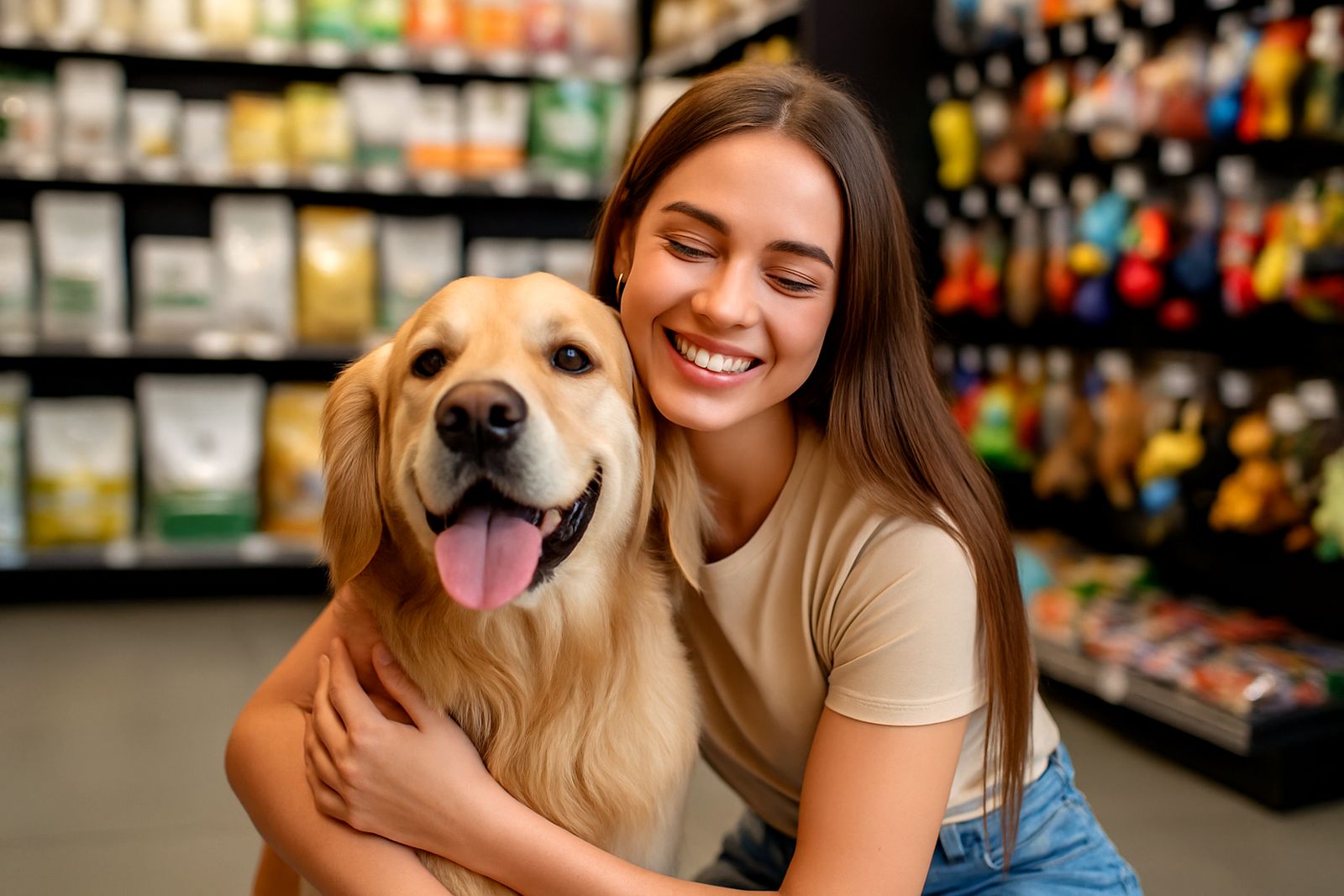 Kobieta z psem w sklepie zoologicznym
